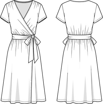 Short sleeve wrap dress technical fashion sketch, front and back view surplice neck midi dress cad drawing flat vector illustration for tech pack