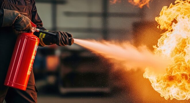 A courageous firefighter expertly suppresses a dangerous blaze with a powerful fire extinguisher, ensuring public safety and immediate protection