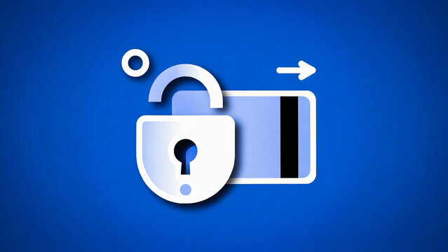 A padlock unlocks a credit card, symbolizing secure payment access. It&rsquo;s a digital security icon.