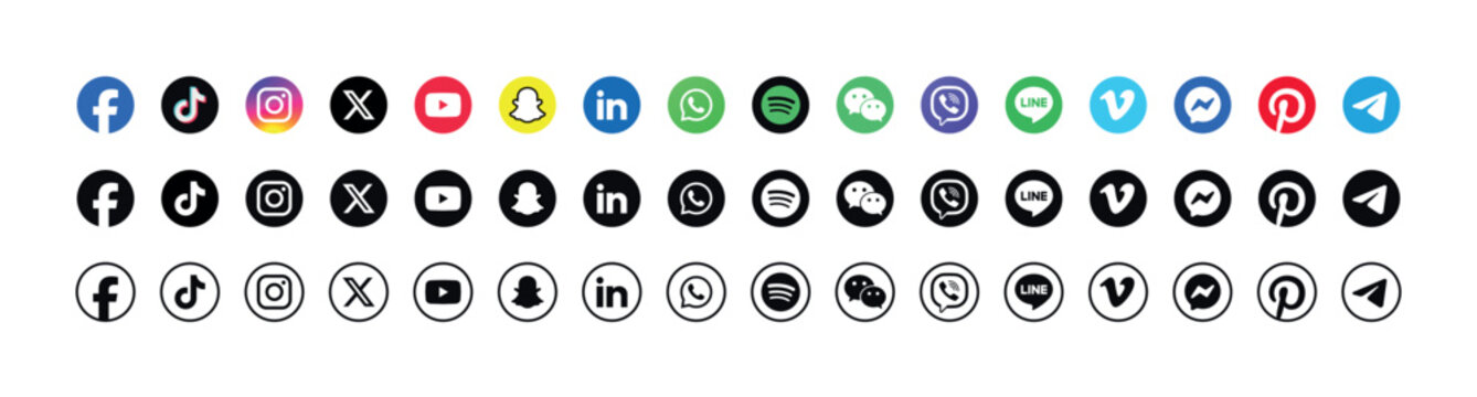 Social Media Icons Set in Color and Black Style. Popular Social Media App Icons Set. Facebook, Instagram, WhatsApp, X, LinkedIn, 
YouTube, TikTok, Spotify, Pinterest, Snapchat,  
