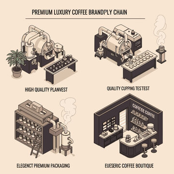 Isometric illustration of a premium luxury coffee brand supply chain, showing roasting, quality testing, packaging, and a coffee boutique.