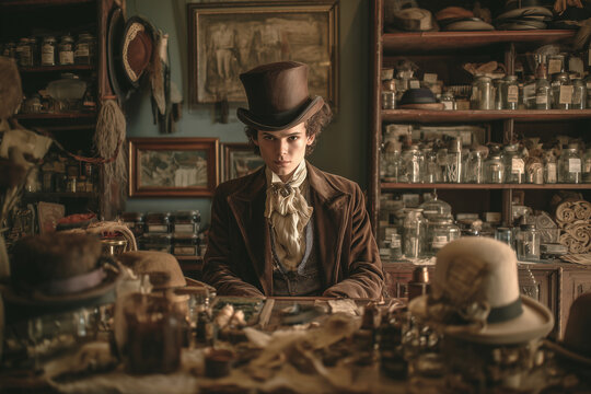 Victorian Hatter in Vintage Workshop