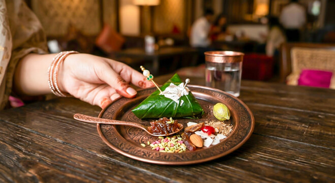 Paan Beeda or Meetha Paan or sweet beeda or tambool is a popular Indian mouth freshener and after-meal digestive made from betel leaves folded with fillings like gulkand (rose petal jam), fennel seeds