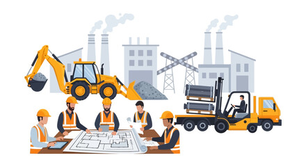 Fototapeta premium Industrial Construction Project: Engineers Planning, Heavy Equipment & Logistics at Factory Site