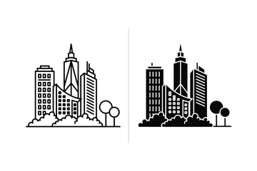 Obraz premium Abstract City Skyline & Park Icons - Modern Urban Landscape with Greenery