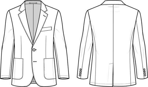 Men's blazer jacket technical flat sketch with notch lapel, two button closure, patch pockets, chest pocket, and back vent vector illustration.