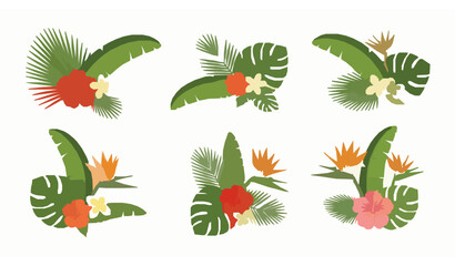 Flat tropical botanical vector set with palm banana leaves hibiscus plumeria and bird of paradise exotic floral elements © BijoyChandra