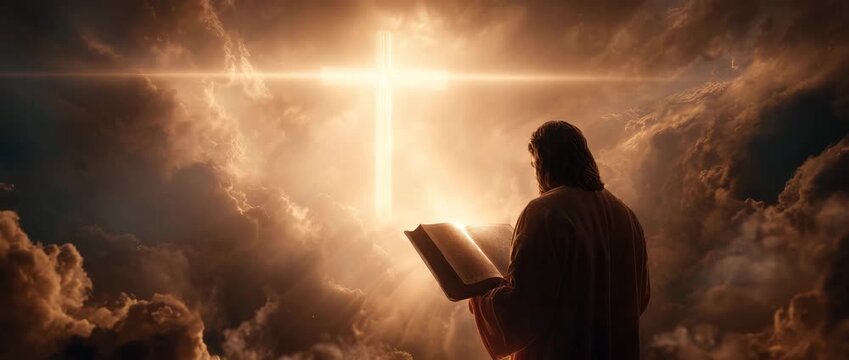 Jesus reading holy bible in heavenly light.