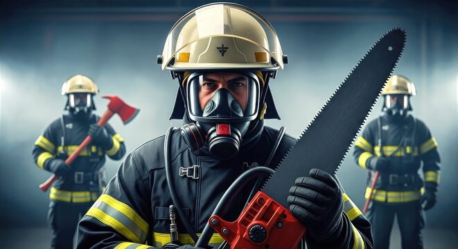 Brave firefighter with powerful chainsaw ready for emergency rescue mission, flanked by dedicated crew in full protective gear