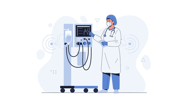 Doctor in mask and stethoscope near ventilator machine, medical equipment illustration