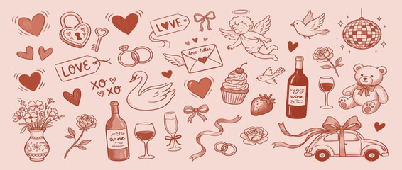 Retro vintage valentines day icons. Doodle sketch drawings in grunge charcoal style for wedding party celebration perfect for posters and invitation cards. Hand drawn chalk elements.