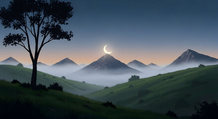 Fototapeta premium Moonlit Green Hills: Dreamy Landscape at Golden Hour with Soft Mist