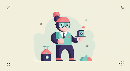 Obraz premium Cartoon figure in glasses serving a small clock on a tray