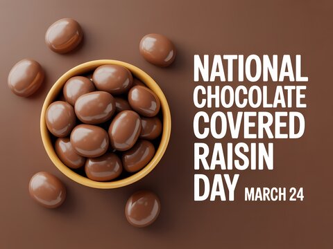 Chocolate covered raisins in a bowl on brown background for national chocolate covered raisin day on march 24th celebration