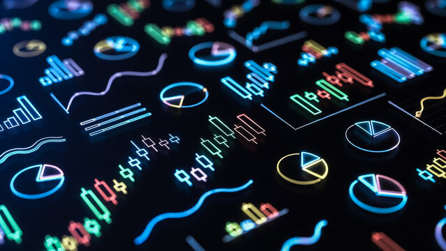Neon charts glow on a dark, patterned surface. Lines and graphs create a vibrant, abstract data visualization.