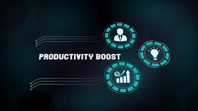 Productivity boost and efficient business workflow concept with digital motion graphics. Corporate time management, professional leadership icons, and creative solution for growth. Modern tech backgro