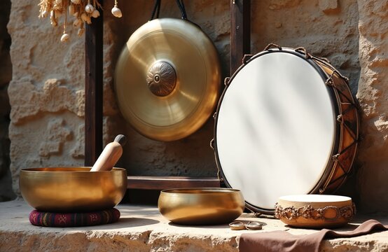 Gong and drum set with singing bowls for sound therapy. Tibetan instruments provide deep relaxation and stress relief through ancient sonic practices for meditation and healing.