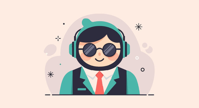 Cheerful person in headphones and glasses, smiling, wearing a suit and tie