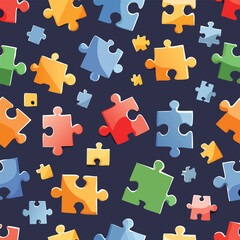 Naklejka premium Colorful puzzle pieces seamless pattern on dark blue background