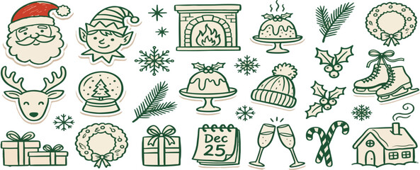 Retro vintage new year and christmas icons. Doodle sketch drawings in grunge charcoal style for winter holidays party celebration perfect for posters and invitation cards. Hand drawn chalk elements.