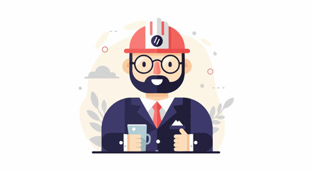 Fototapeta premium Cheerful worker in hard hat with coffee, giving thumbs up