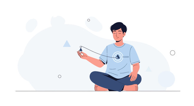 Man meditating with pendulum, focus and concentration, inner peace, mind control