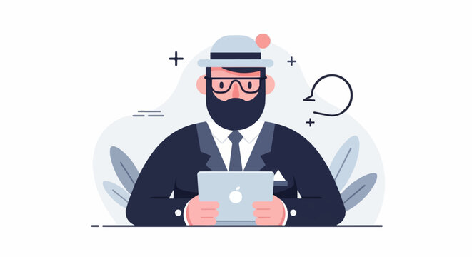 Bearded man in suit and hat holding tablet with thought bubble