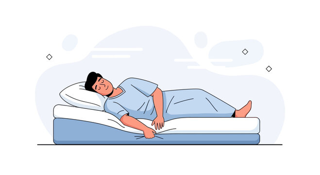 Man sleeping on his side on a comfortable mattress, illustration