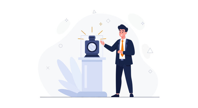 Businessman pressing button on podium with camera, launch concept