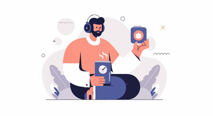 Fototapeta premium Bearded man with headphones holding a mug and a square device