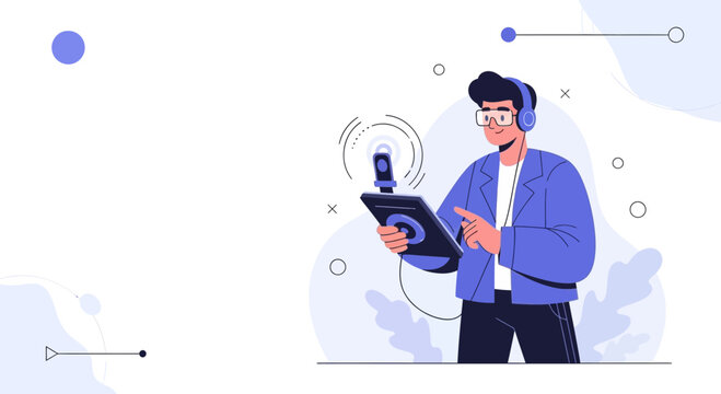 Man with Headphones and Tablet Recording Podcast or Audio with Microphone