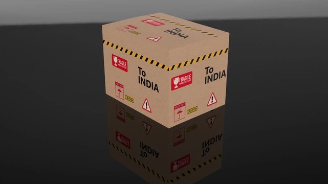 3D parcel box labeled for India with warning and fragile labels, illustrating international shipping logistics, global trade movement, and export delivery packaging.