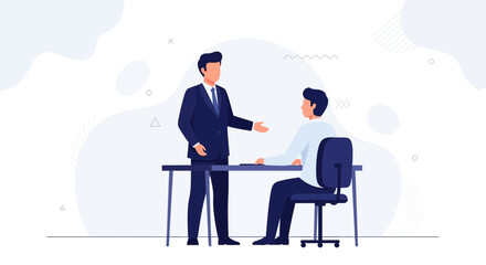 Fototapeta premium Business meeting: manager and employee discussing work at office desk, modern flat illustration