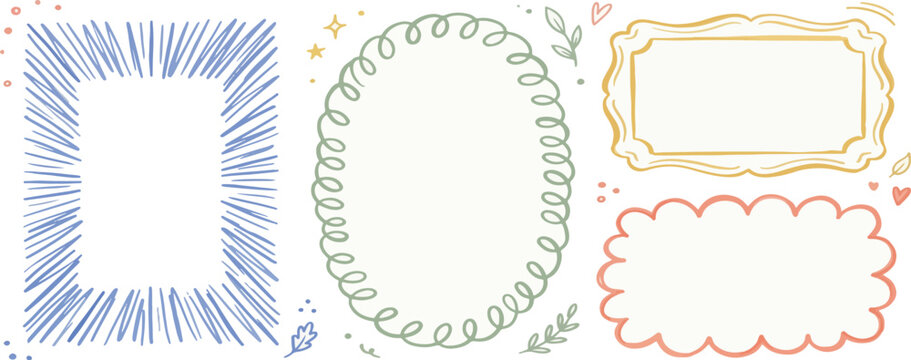 Cute wavy wedding frame, vector hand drawn oval vintage border set. Coquettish celebration design. Elegant classic line decoration background, simple postcard decor. Whimsical invitation frame set
