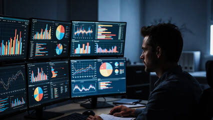 Fototapeta premium A man intently monitors multiple data screens in a darkened office. He analyzes complex charts and graphs.
