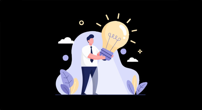 Man holding a glowing idea bulb with abstract background elements