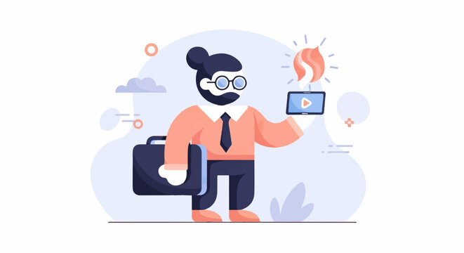 Business professional holding a tablet with a play button and a flame above it