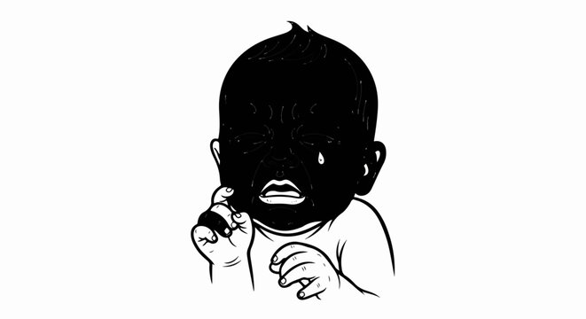Black and white illustration of a crying baby with a tear