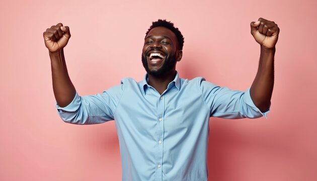 Happy Black man laughs with arms raised in victory, wearing a light blue shirt. He celebrates success or achievement against a soft pink studio background, expressing pure joy and excitement.