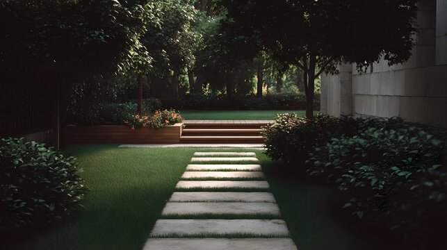 A serene garden pathway with stone slabs leads towards wooden steps amidst lush greenery and flowering plants