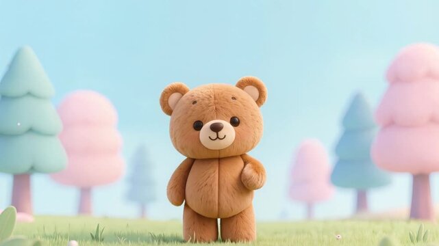 Teddy bear gently waving its paw, subtle body movement, slight blinking, smooth calm animation