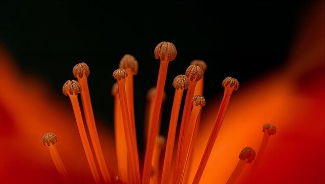 Captivating macro photograph unveiling the profound intricate beauty of a blossoming flower's vibrant orange reproductive parts against a deep, contrasting background