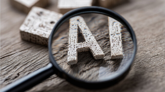 A magnifying glass focuses on wooden letters spelling AI on a rustic wooden surface