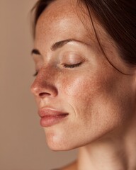 Fototapeta premium Portrait of a serene woman celebrating her natural beauty with rosacea in soft lighting