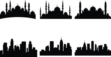 Fototapeta premium Mosque and modern city skyline silhouette set, Islamic architecture domes and minarets with urban buildings collection for Ramadan, Eid Mubarak, cultural cityscape design