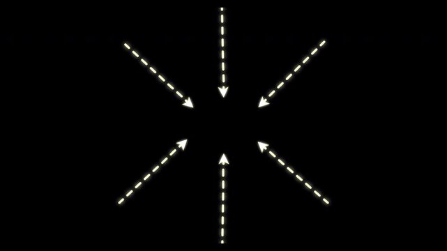Animation set of six glowing dashed arrows pointing inward to a central focus point, perfect for highlighting content in video presentations and digital marketing. alpha channel only 4k
