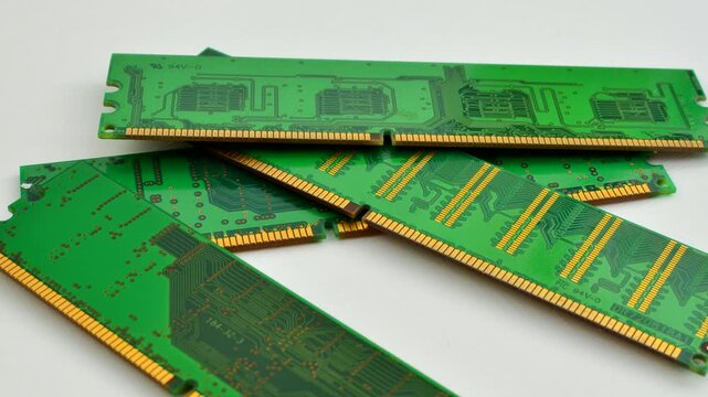 Fascinating detail of computer RAM, with shiny chips ready to accelerate performance. Impressive close-up of RAM memory, revealing its intricate architecture and computing power.