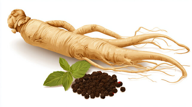 Fresh Ginseng root vector illustration with black pepper seed isolated on white background