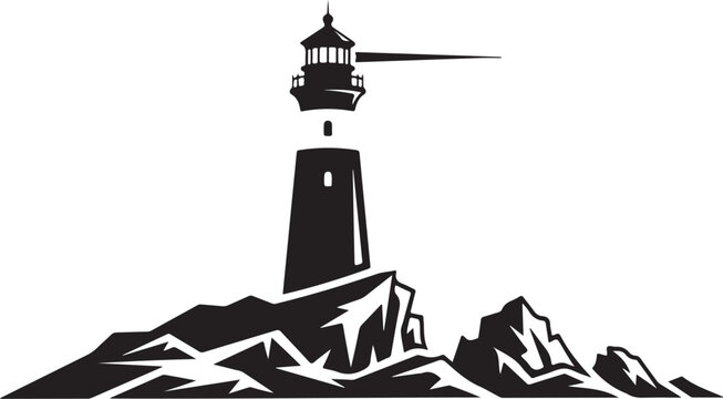 Vector lighthouse icon on rocky mountain
