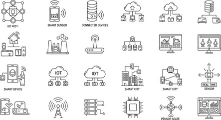 Internet of Things IoT Technology Line Icon Set Featuring Smart Home, Connected Devices, Sensors, Cloud Network, Data Servers, Smart City and Automation Systems © MDFiroj